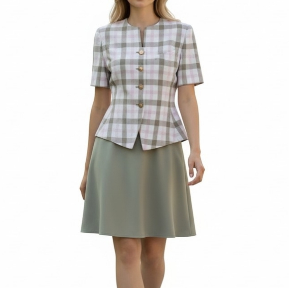 Le Suit Petite Skirt Suit Size 12P Tan Pink White Check Short Sleeve Blazer - Picture 10 of 10